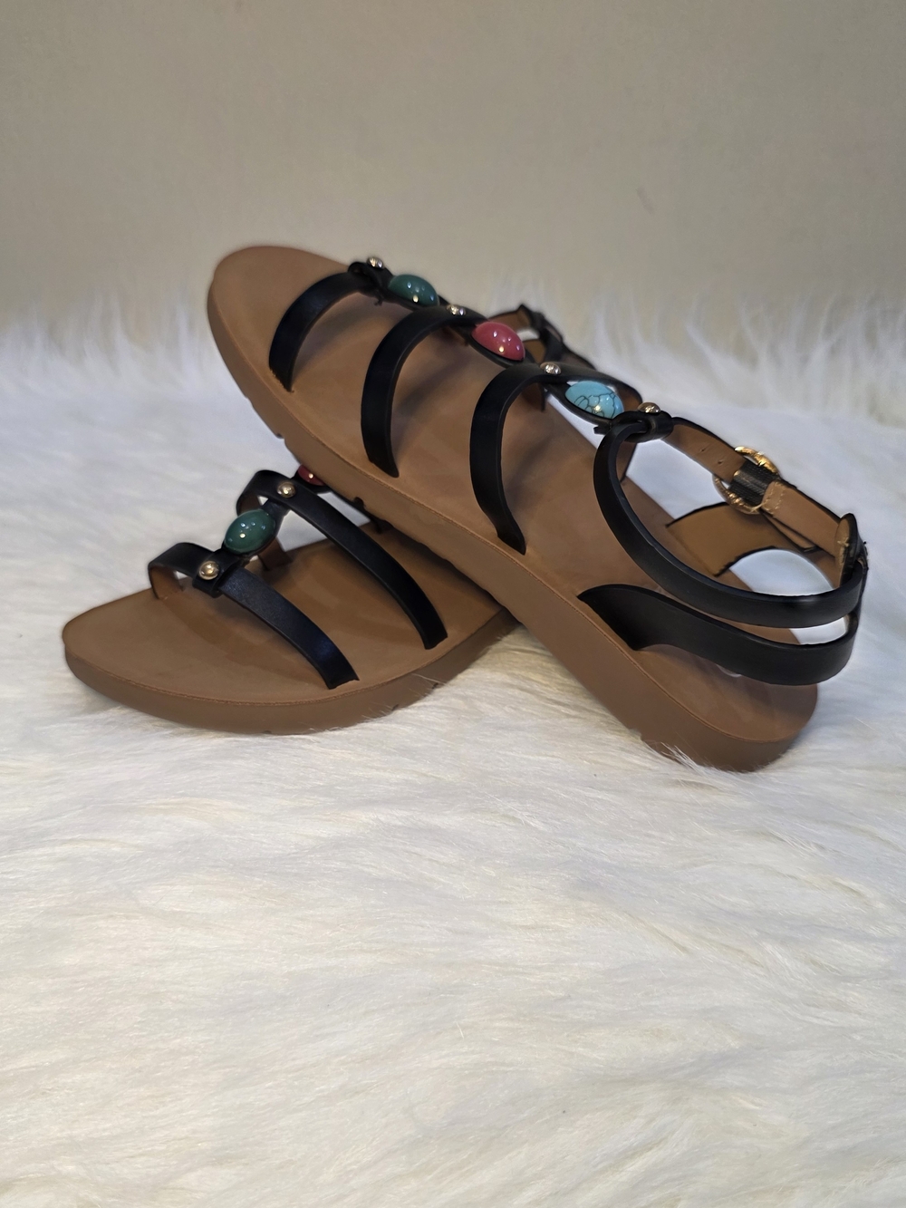 Girls  Black Strappy Gemstone Sandals - Casual Summer Shoes